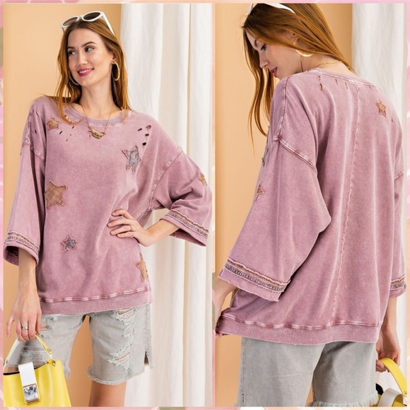 Easel Patchwork Mineral Wash Lightweight Knit Top - Picture 5 of 16